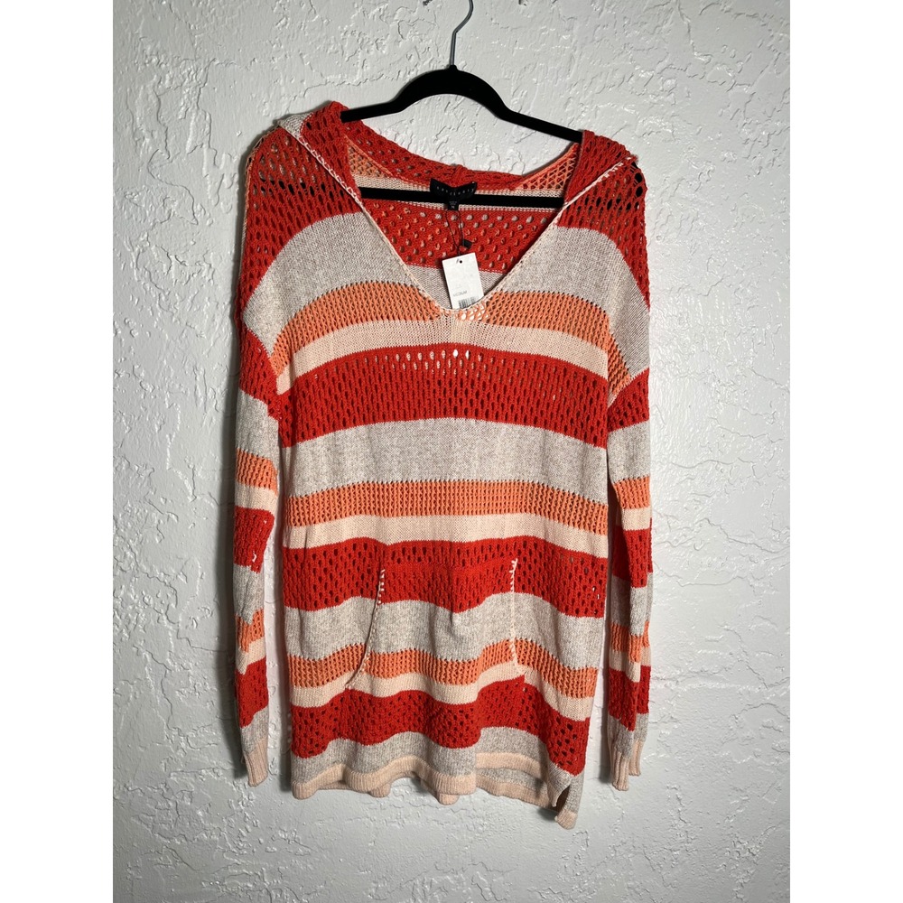 NWT Sanctuary Women's M Orange Striped Open Knit Hooded Cotton Sweater